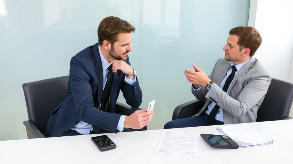 Lawyer and client in consultation room discussing damages settlement, both seated at conference table with calculators and documents, professional attire, collaborative discussion setting
