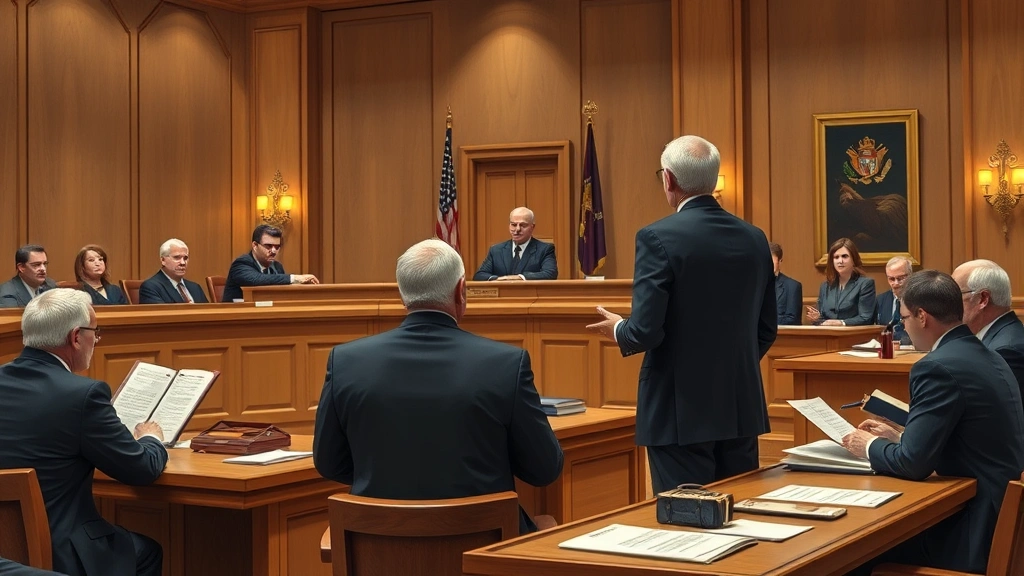 Courtroom scene with judge at bench and attorneys presenting arguments, formal legal setting with judicial robes visible, evidence and legal briefs on tables, authoritative legal proceeding atmosphere