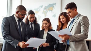 Professional diverse legal team in modern office reviewing international contracts and documents, focused expressions, natural lighting, contemporary workspace with world map visible