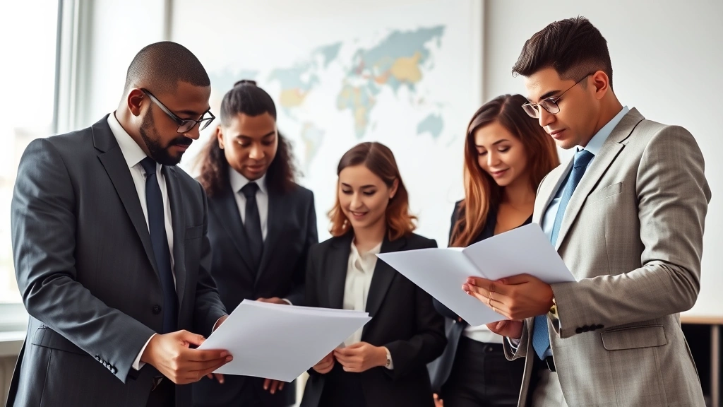Professional diverse legal team in modern office reviewing international contracts and documents, focused expressions, natural lighting, contemporary workspace with world map visible