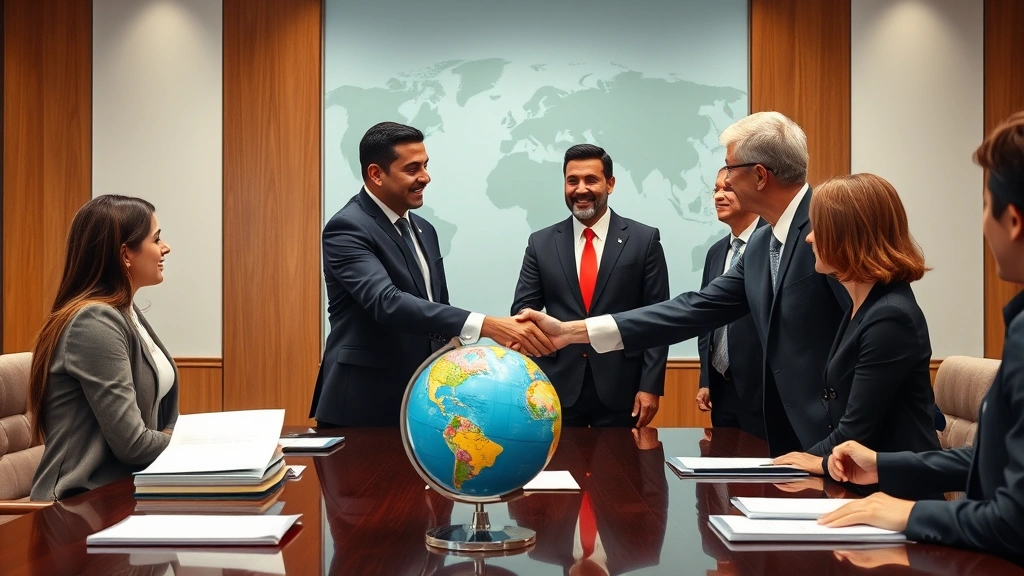 Lawyers from different countries shaking hands in international conference room, formal business attire, globe and legal documents on table, collaborative atmosphere