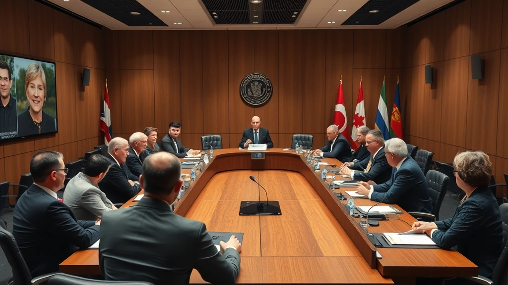 International arbitration hearing room with panelists and representatives from multiple countries, professional setting, formal proceeding atmosphere, diverse participants