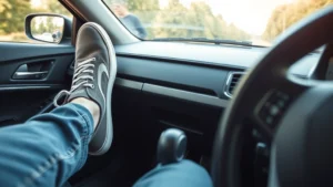 Professional driver's feet on car pedals wearing casual sneakers, close-up view of accelerator and brake pedal contact, natural daylight from windshield, focused and careful driving posture, realistic automotive interior