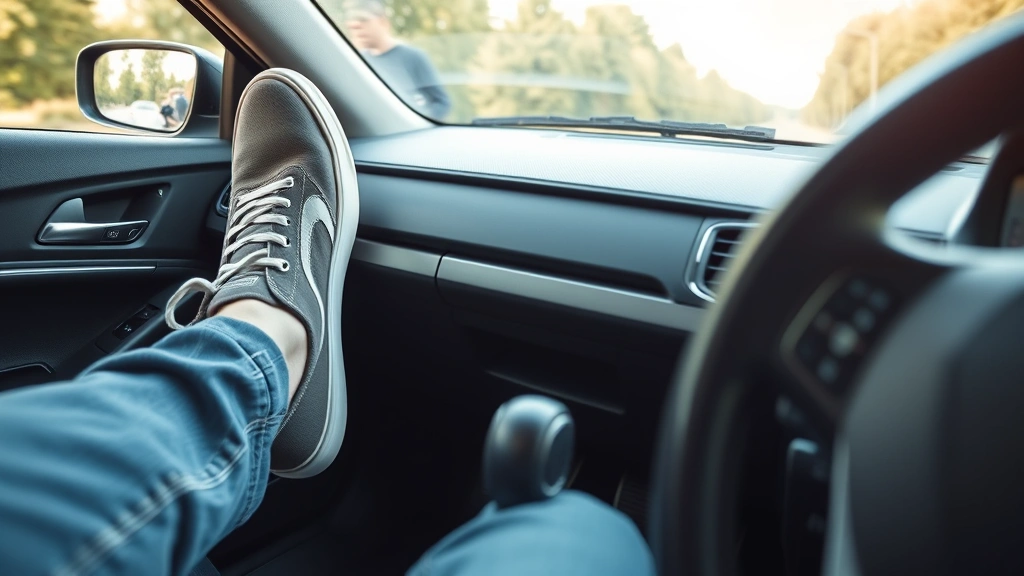 Professional driver's feet on car pedals wearing casual sneakers, close-up view of accelerator and brake pedal contact, natural daylight from windshield, focused and careful driving posture, realistic automotive interior