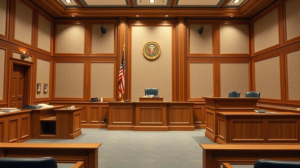 Traffic court interior with judge's bench, formal legal setting with law books visible, professional courtroom atmosphere, serious judicial environment, no people visible, emphasis on legal authority and judgment