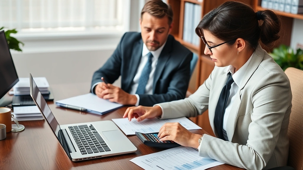 Insurance agent reviewing documents at desk with laptop and calculator, professional office setting, paperwork and policy documents visible but not legible, focused work environment, formal business attire visible