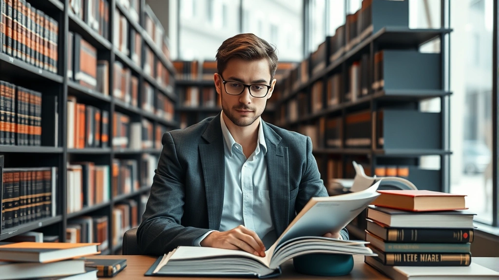 Professional law student studying in a modern law library surrounded by legal textbooks and case files, concentrated expression, natural lighting from large windows, wearing business casual attire