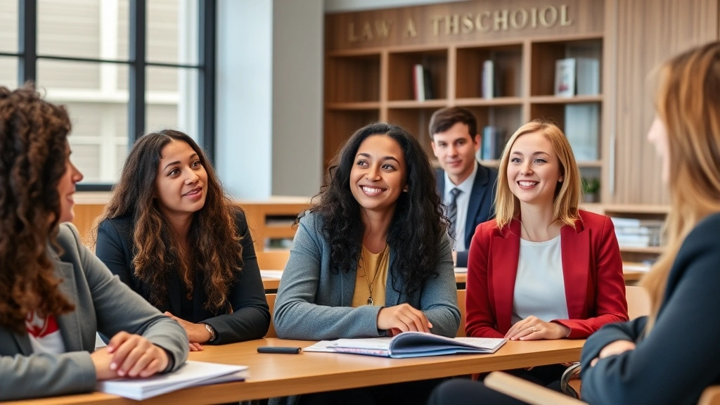 Diverse law students in a classroom during discussion, engaged expressions, professor in background, modern law school interior with wooden furniture and professional atmosphere, natural interaction