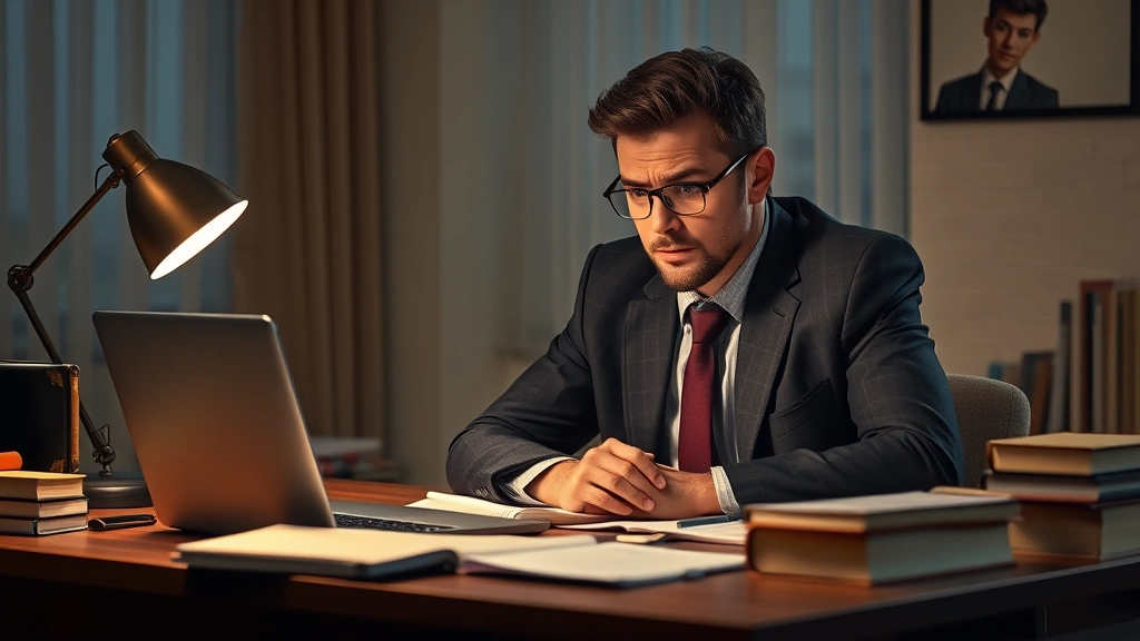 Law student at desk late evening with laptop and notes, stressed but determined expression, organized workspace with legal materials, warm desk lamp lighting, realistic portrayal of study intensity