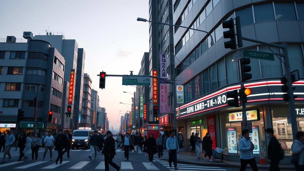 Busy Tokyo street intersection at dusk with pedestrians and traffic lights, urban cityscape with buildings, people walking near convenience stores, evening atmosphere with neon signs slightly visible