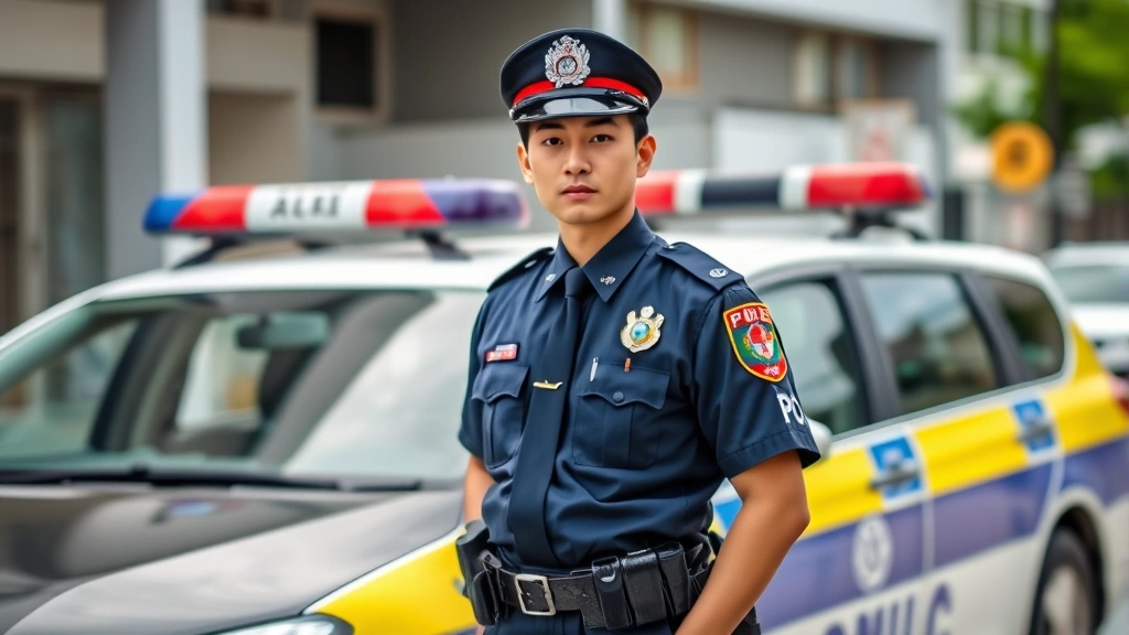 Japanese police officer in uniform standing professionally next to police vehicle, serious demeanor, daytime outdoor setting, realistic police station or street background