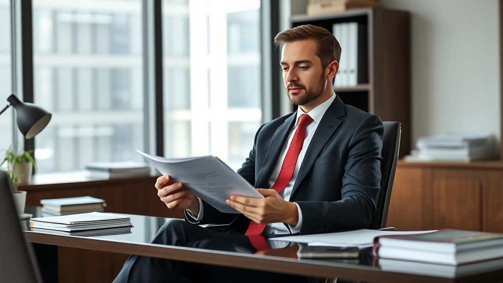 Professional attorney in formal business suit sitting at modern law office desk reviewing legal documents with focused expression, natural office lighting, clean contemporary workspace