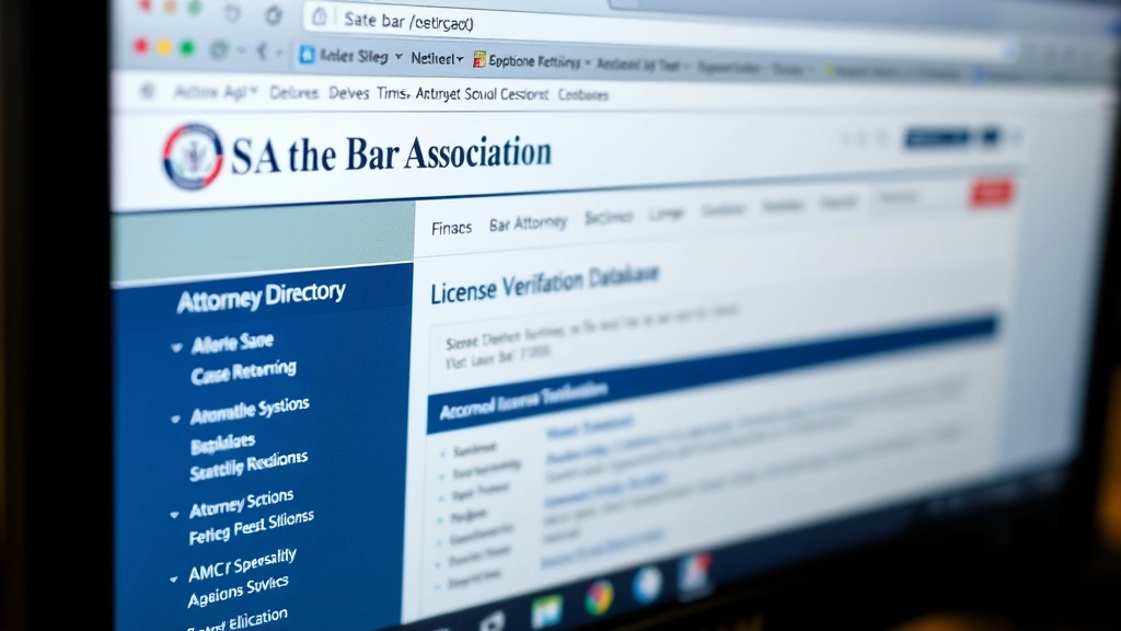 Close-up of computer screen displaying state bar association website with attorney directory and license verification database interface, professional lighting, readable but blurred text