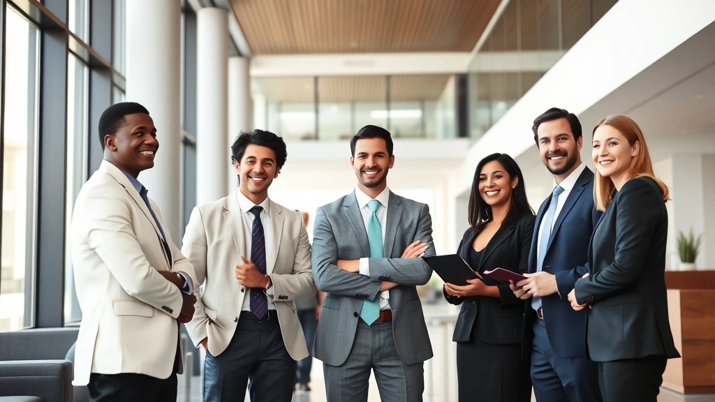 Diverse group of attorneys in business attire networking in professional law office lobby with modern architecture, natural lighting, confident professional demeanor