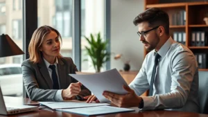 Professional lawyer in modern office reviewing case files with client, warm lighting, focused expression, wooden desk with legal documents, contemporary office environment, photorealistic, high detail