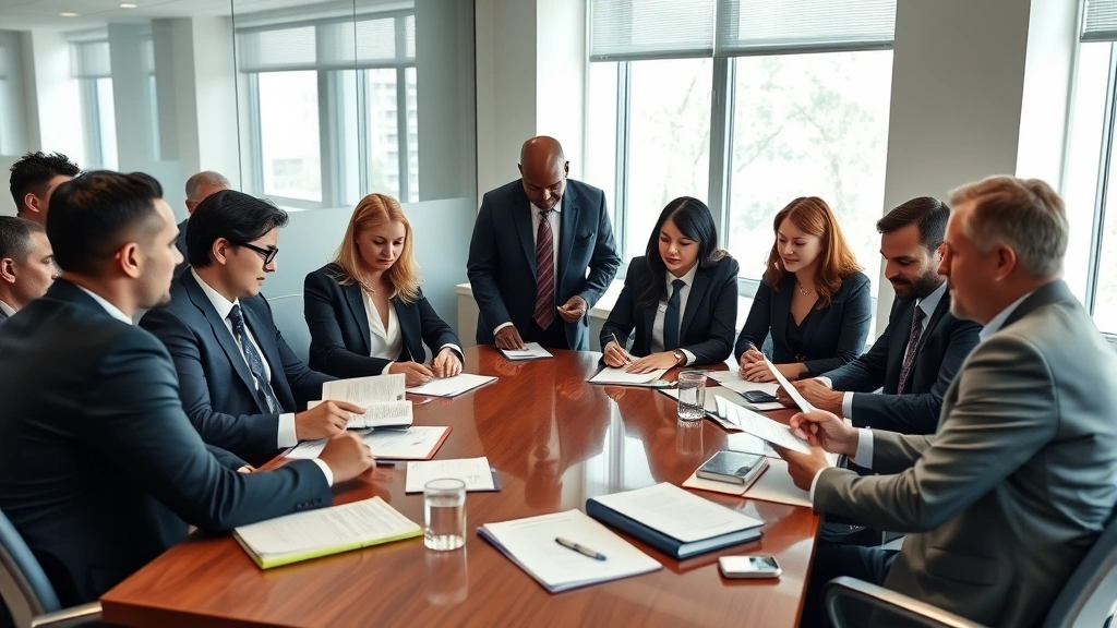Team of attorneys in conference room during strategy meeting, diverse group reviewing documents and taking notes, professional attire, collaborative atmosphere, natural window light, serious professional setting