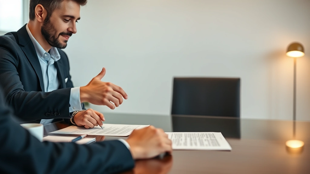 Client signing legal document at attorney's desk with lawyer explaining terms, professional handshake moment, modern minimalist office background, trust and agreement implied, warm professional lighting