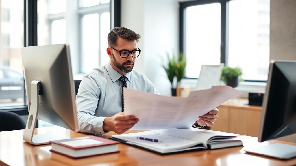 Modern entertainment lawyer in office reviewing contract documents, sitting at desk with computer and legal materials, professional attire, natural window lighting, focused concentration