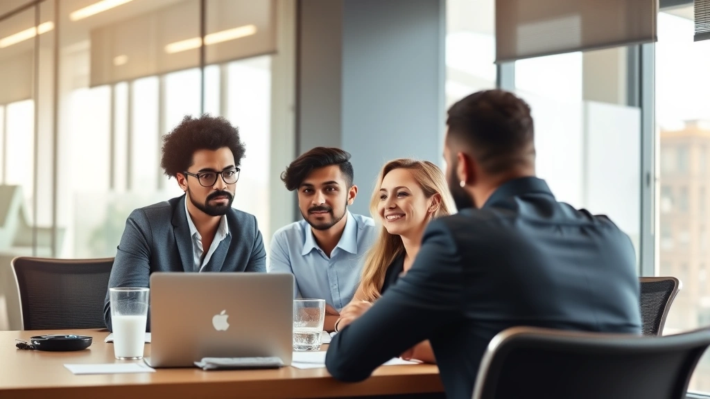 Professional business meeting with diverse team members engaged in discussion at conference table, natural lighting, corporate office setting, serious expressions showing collaboration