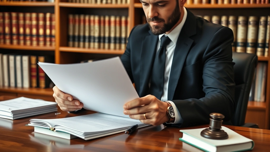 Lawyer reviewing legal documents at wooden desk with law books in background, professional office environment, focused concentration, formal business attire