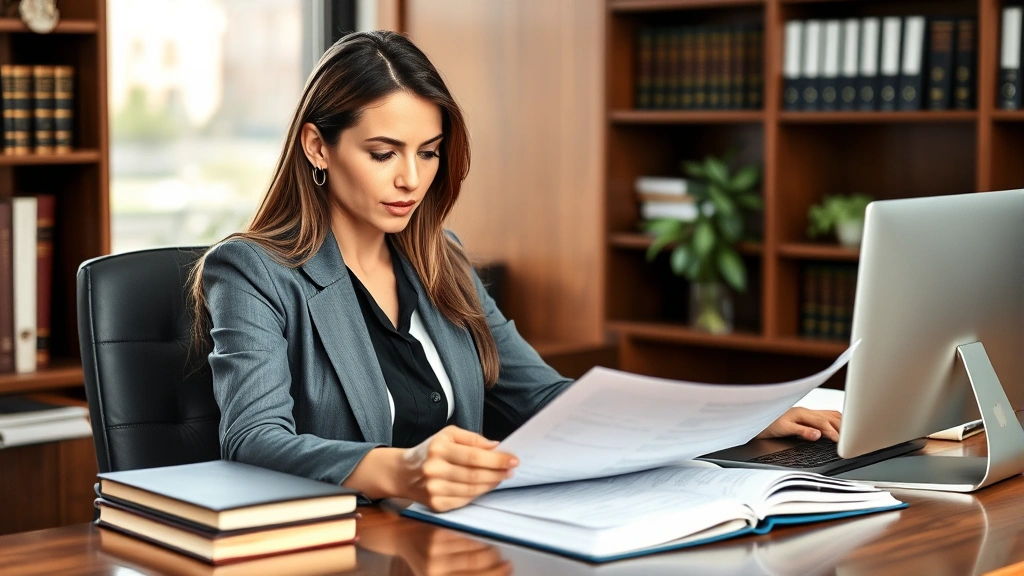 Professional female lawyer in business attire reviewing legal documents at wooden desk with law books and computer, office setting, serious focused expression, natural lighting