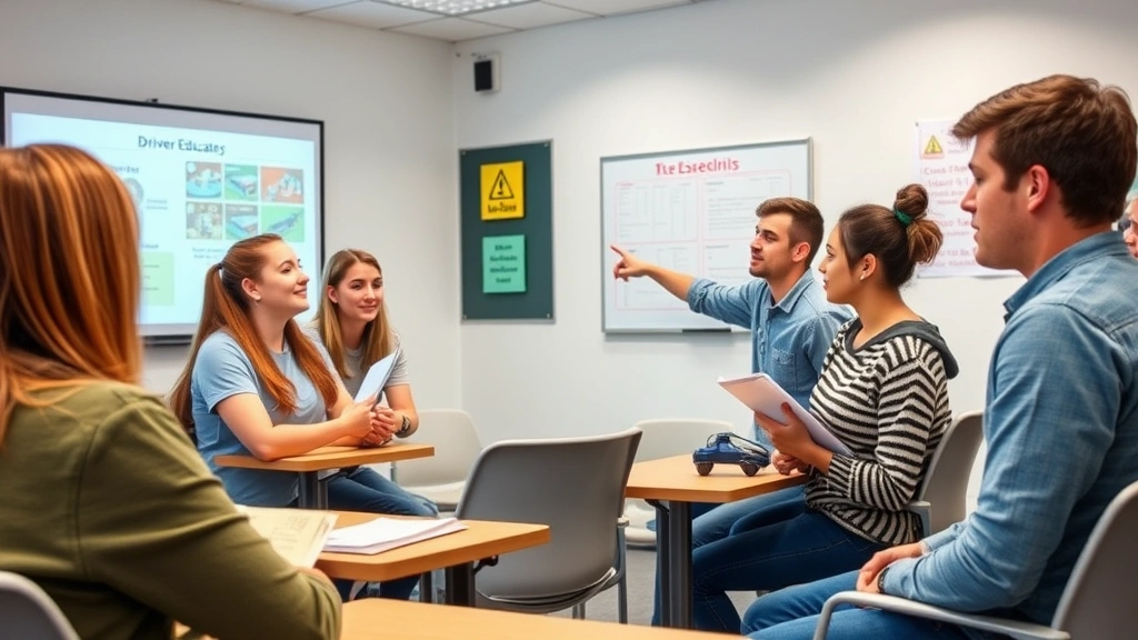 Group of diverse teenagers in driver education classroom with instructor pointing at safety presentation board, attentive students taking notes, modern educational facility