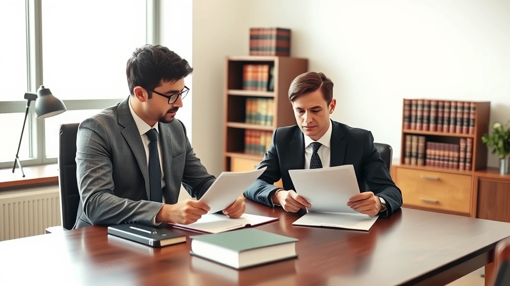 Professional legal consultation meeting between attorney and client in modern law office, both reviewing documents at wooden desk with law books visible in background, natural lighting