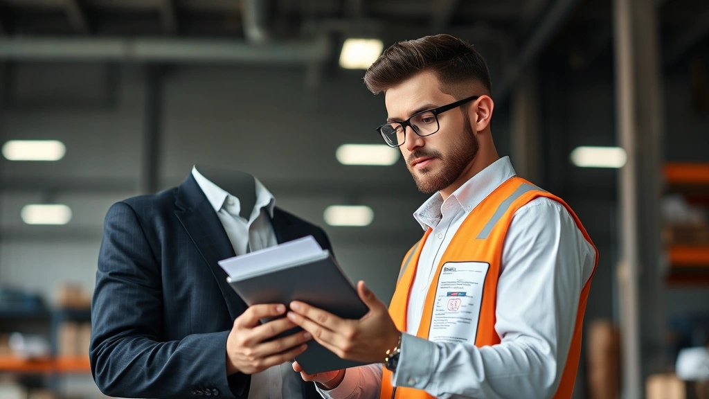 Business owner reviewing safety compliance checklist and documentation on tablet while standing in professional workplace environment, serious focused expression, neutral background