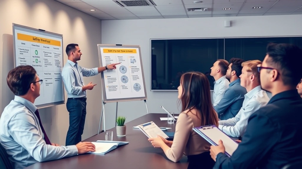 Diverse group of professionals in training session, instructor pointing at safety protocol presentation board, participants taking notes, corporate training room setting