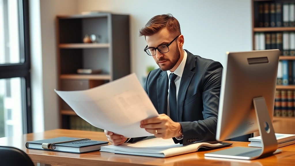 Professional lawyer in business suit reviewing legal documents at modern desk with computer, serious expression, well-lit office environment with law books in background