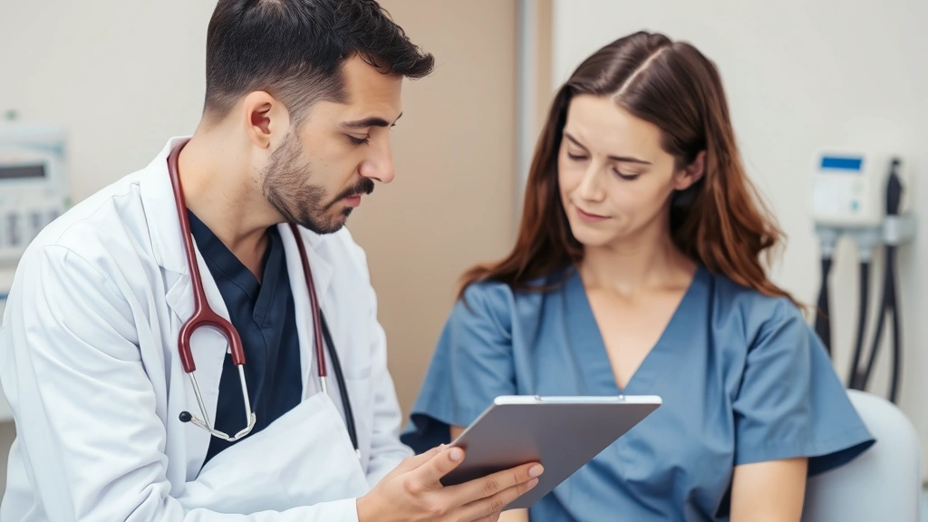 Medical professional examining patient's injury with clipboard, showing concern and expertise, clinical setting with medical equipment visible but blurred