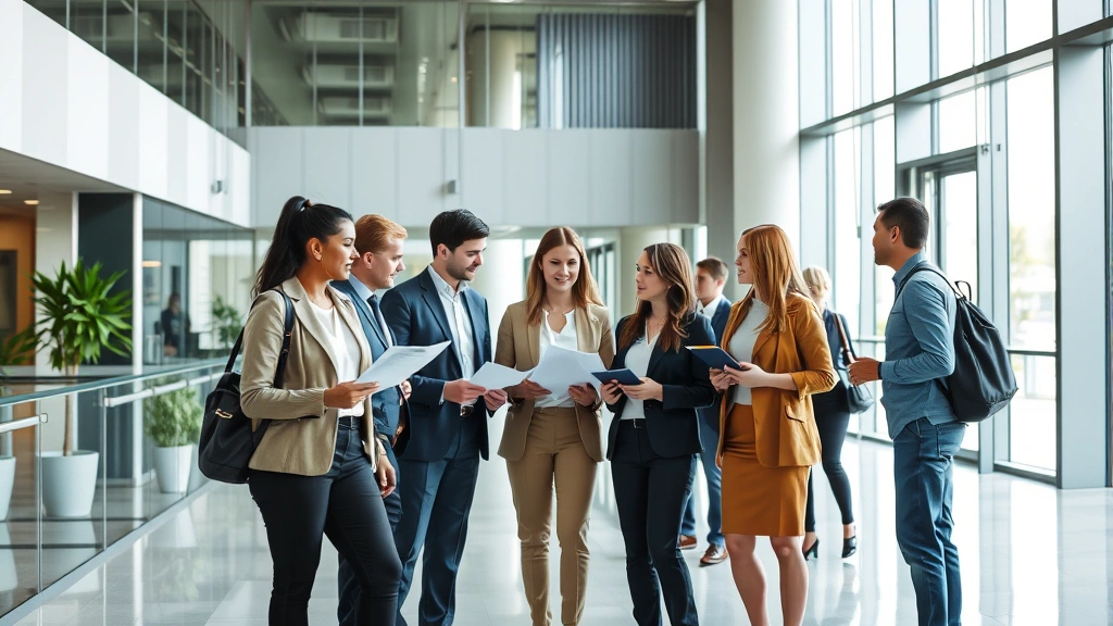 Diverse group of people in professional attire in modern office building lobby, discussing documents, collaborative atmosphere, natural lighting
