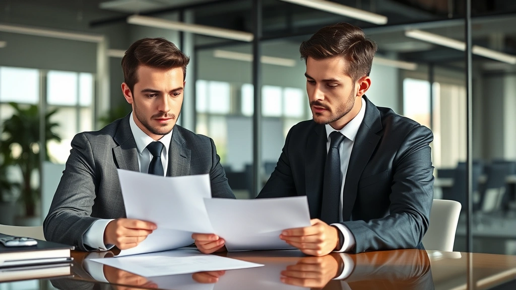 Professional young male actor in formal business attire reviewing contract documents with a lawyer at a modern office desk, natural lighting, serious focused expression