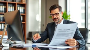Professional male attorney in business suit reviewing estate planning documents at modern law office desk with computer and legal references visible, confident expression, natural office lighting