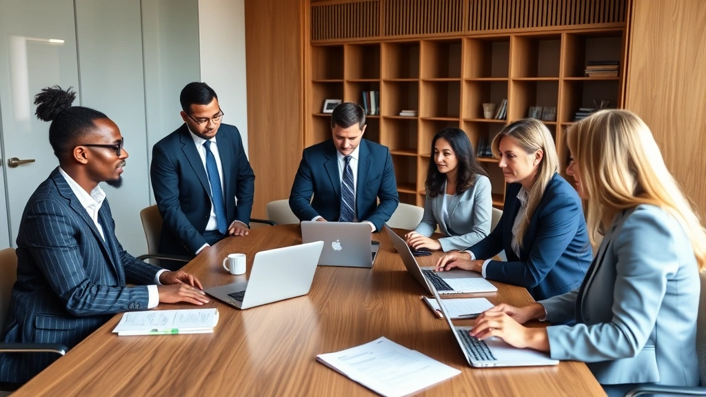 Diverse legal team collaborating in modern conference room around wooden table with laptops and case files, professional attire, discussing estate matters with focused attention