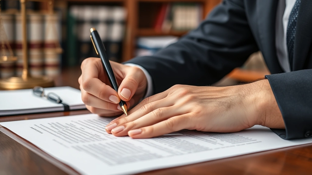 Close-up of attorney's hands signing legal documents at desk with glasses and pen, professional setting with law books and office backdrop, detail shot emphasizing legal work