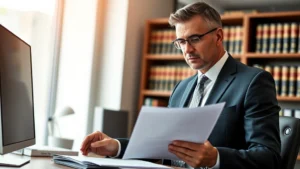 Professional male attorney in business suit reviewing legal documents in modern law office with law books and computer visible, serious expression, natural lighting