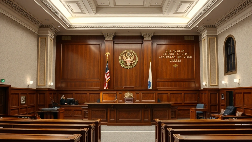 Courthouse interior with judge's bench and American flag, empty courtroom during daytime, formal legal setting with wooden furnishings and professional atmosphere