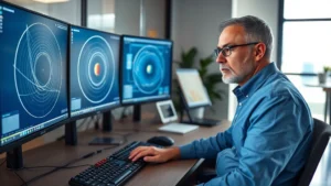 Professional astronomer or space engineer analyzing orbital mechanics on a computer workstation with multiple monitors displaying orbital trajectories and satellite data, modern office environment, serious professional demeanor