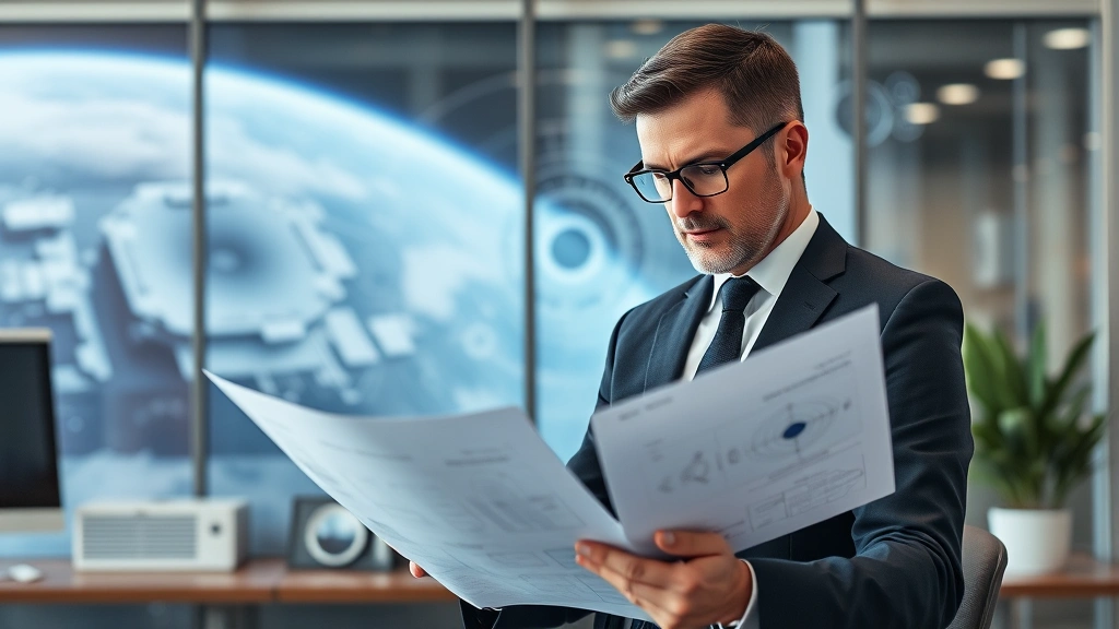 Lawyer or legal professional in modern office reviewing technical documents and orbital mechanics diagrams with space-related imagery in background, professional business attire, focused expression
