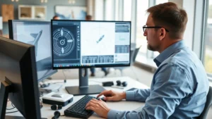 Professional aerospace engineer or physicist examining orbital diagrams and calculations on a computer screen in a modern office setting, wearing business casual attire, focused on technical work