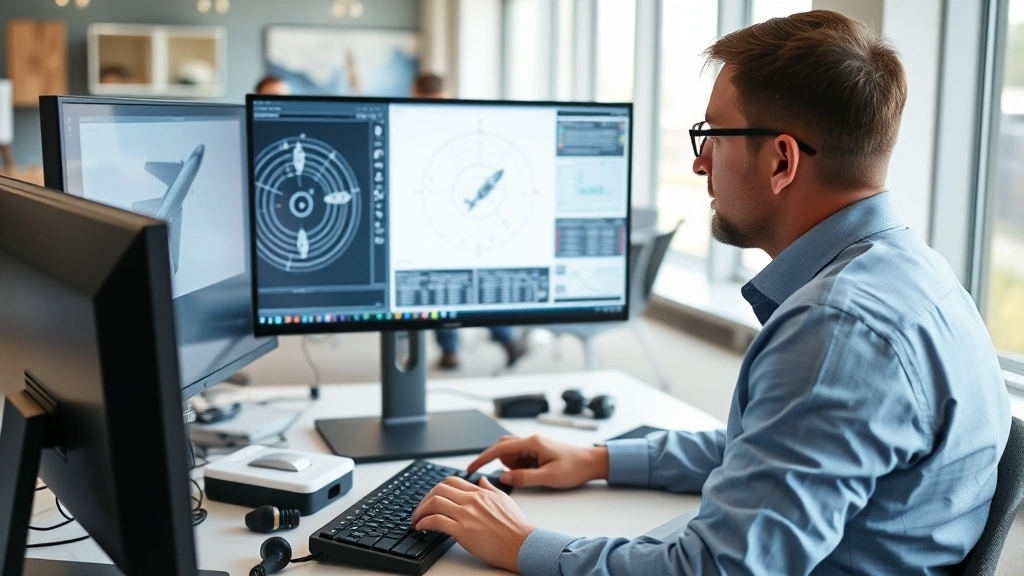 Professional aerospace engineer or physicist examining orbital diagrams and calculations on a computer screen in a modern office setting, wearing business casual attire, focused on technical work