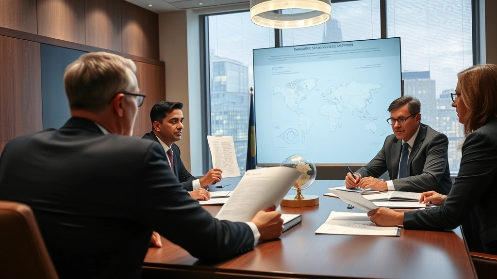 Legal conference room with attorneys and expert witnesses reviewing technical documents and orbital mechanics models, professional business environment demonstrating scientific evidence presentation