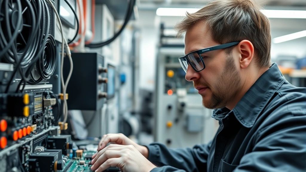 Professional electrical engineer in safety glasses examining circuit boards and electrical components in a modern laboratory with testing equipment and precision instruments visible