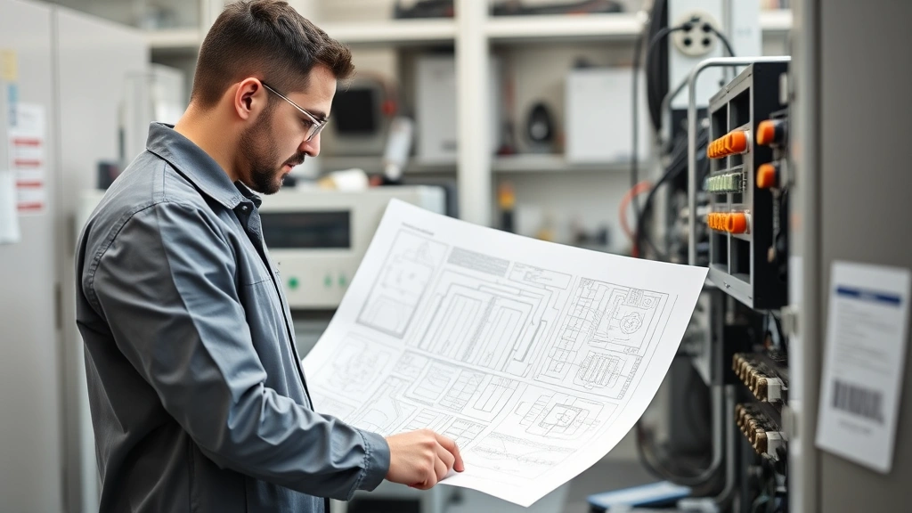 Professional electrical engineer reviewing circuit diagrams and testing equipment in a modern laboratory setting with precision instruments and technical documentation