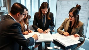Professional legal team reviewing corporate documents and contracts in a modern office, analyzing flow of responsibilities through organizational structures, focused serious expressions