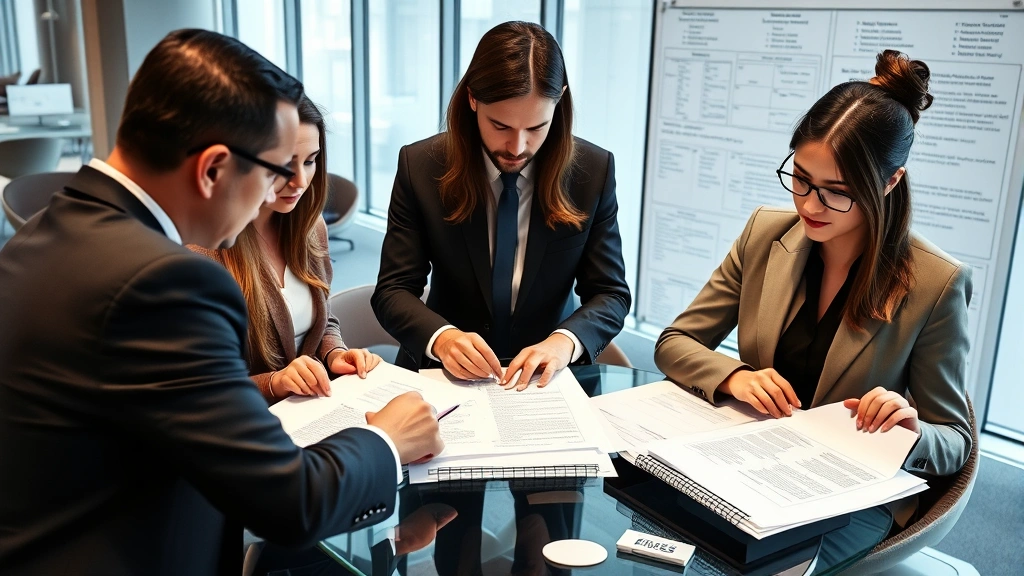 Professional legal team reviewing corporate documents and contracts in a modern office, analyzing flow of responsibilities through organizational structures, focused serious expressions