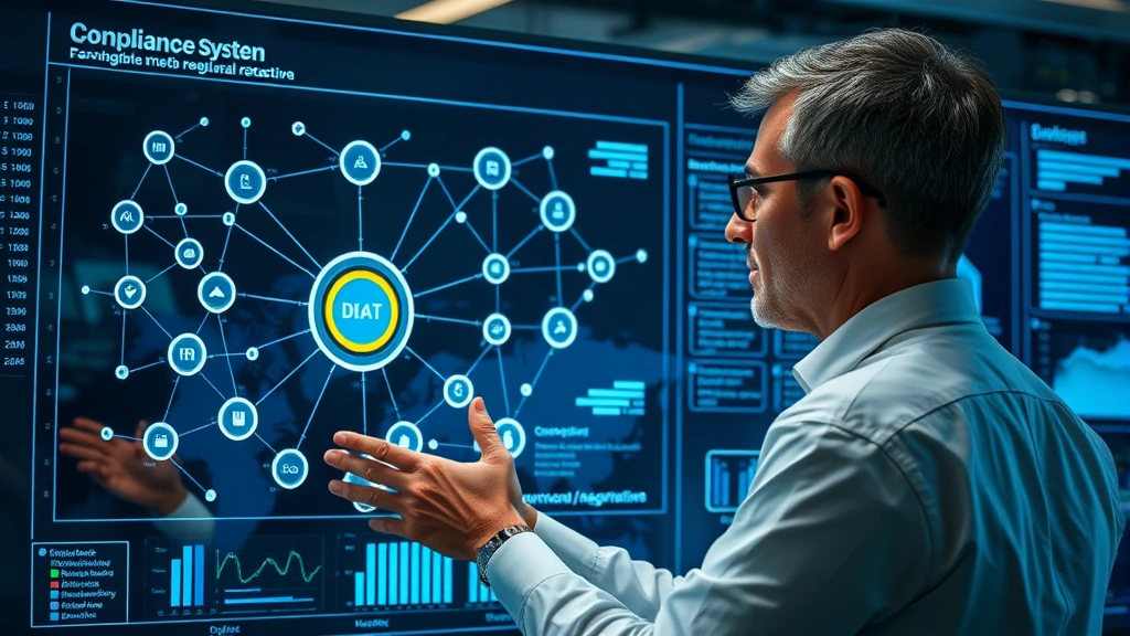 Compliance officer examining digital dashboard displaying interconnected nodes and data flow visualization, representing how obligations move through corporate systems and regulatory frameworks