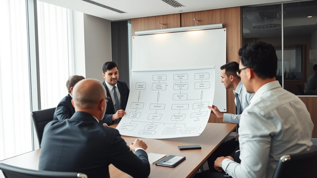Business executives in a boardroom meeting reviewing organizational chart and liability distribution diagram, discussing accountability and responsibility transfer mechanisms