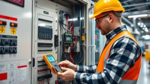 Professional electrical engineer examining industrial control panel with multimeter, checking voltage distribution and circuit connections in modern facility